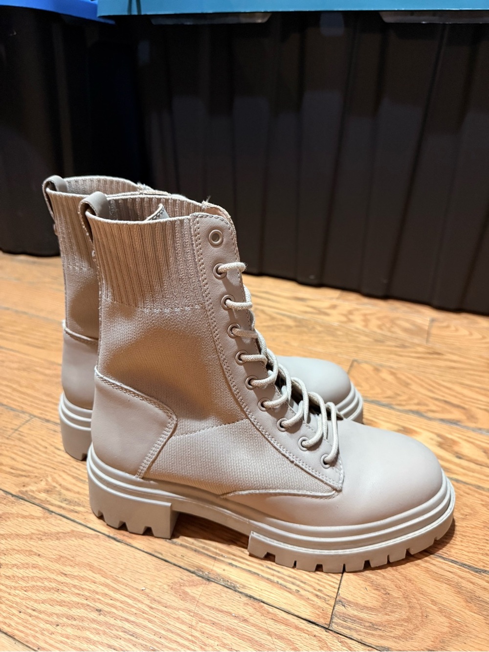 Aldo Beige Lace-Up Knit Cuff Combat Boots